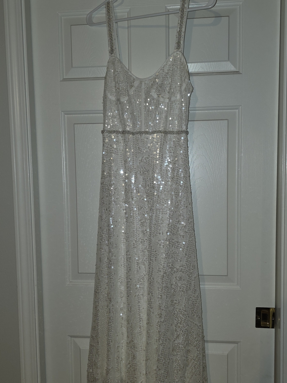 Lulu's White Sequin Spaghetti-Strap Maxi Dress